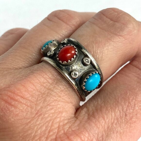 VTG Sterling Silver 925 Southwest Style Turquoise Coral 3 Stone Wide Band Ring - Picture 16 of 16